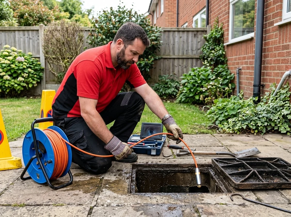 Walton Plumbers engineer using a CCTV drain camera to inspect a blocked drain in Walton-on-Thames