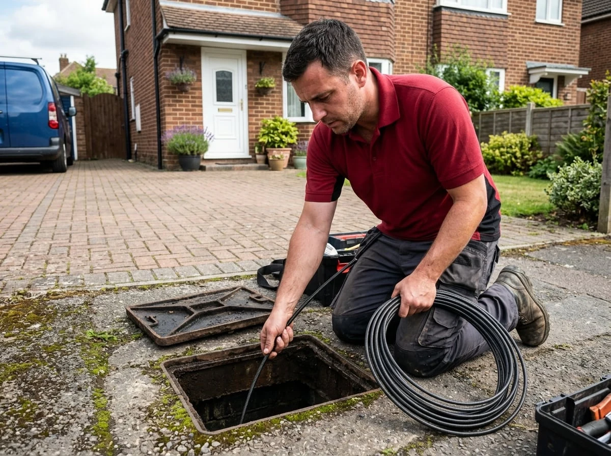 Walton Plumbers drainage engineer clearing a blocked drain in Walton-on-Thames