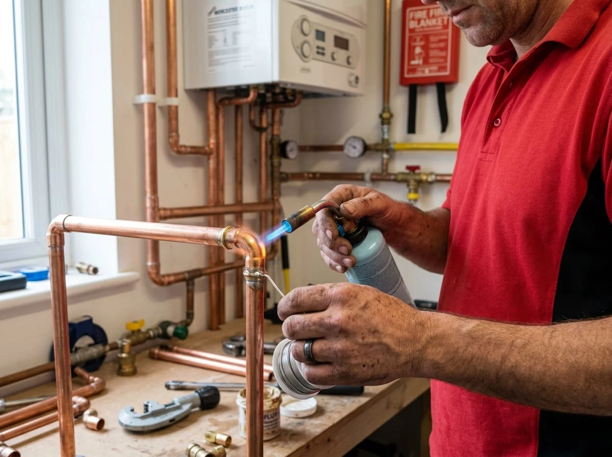 Walton Plumbers engineer soldering copper pipe fittings for a new boiler installation in Walton-on-Thames