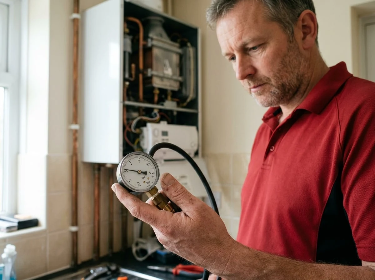 Walton Plumbers engineer checking boiler pressure with a gauge during a boiler repair in Walton-on-Thames
