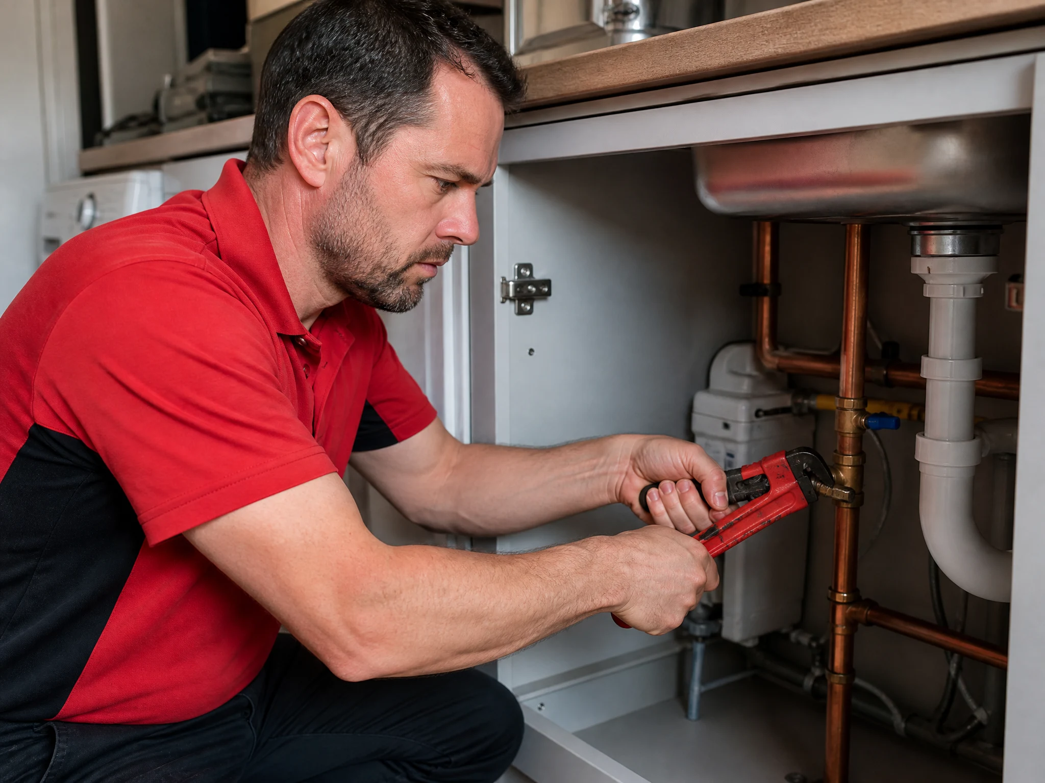 Walton Plumbers engineer tightening a stopcock under a sink during an emergency plumbing repair in Walton-on-Thames